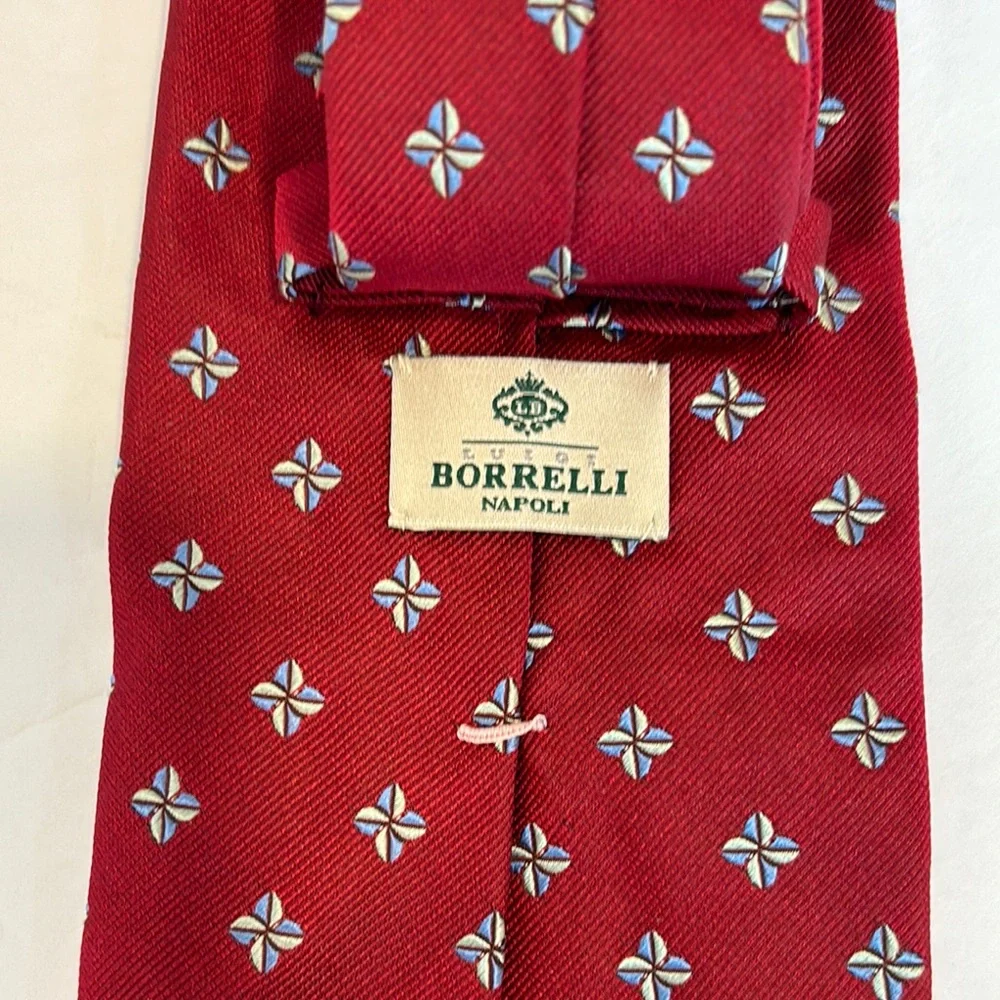 LUIGI BORRELLI NAPOLI Silk Red Tie with Blue & Tan Accents 58'